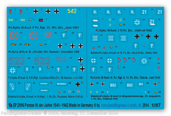 Peddinghaus 1/87 2896 markings for german mark III tanks 1941-1942
