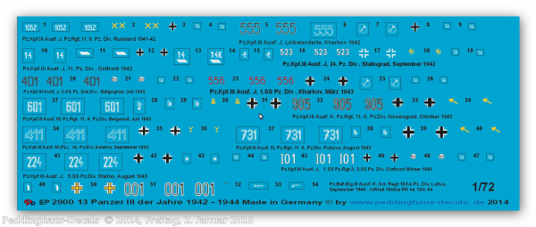 Peddinghaus-Decals 1:72  2900 Beschriftungen für 13 Panzer III der Jahre 1942-44