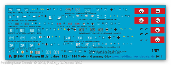 Peddinghaus 1/87 ep 2901 markings for 13 Panzer III of 1942 - 1944