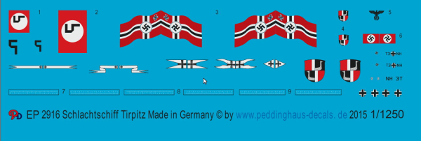 Peddinghaus-Decals 1:1250 2916 Schlachtschiff Tirpitz Beschriftungen