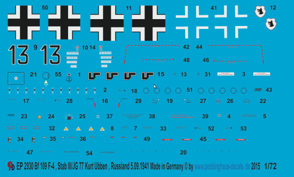 Peddinghaus-Decals 1/72  2930 Bf 109 F-4 , Stab III./JG77 Kurt Ubben, Russland, 5.9. 1941