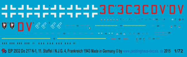 Peddinghaus-Decals 1/72  2932 Do 217N-1. 11.Staffel / N.J.G. 4, Frankreich 1943