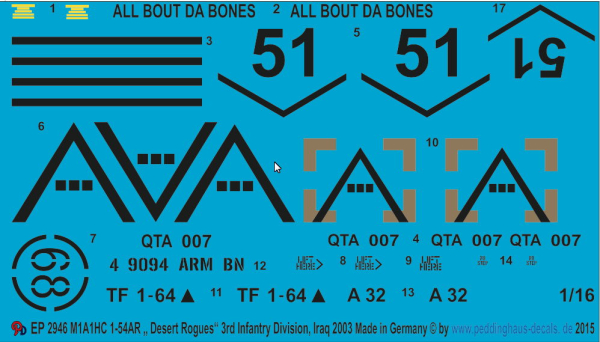 Peddinghaus-Decals 1:16  ep 2946 markings for a Abrams M1A1 HC Desert Rouges , Irak 2003