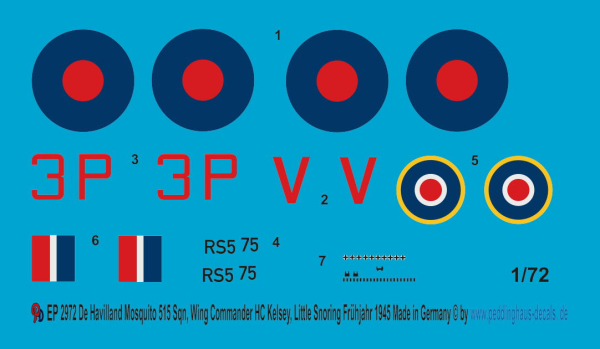 Peddinghaus-Decals 1/72  2972 De Havilland Mosquito 515 Sqn, Wing Commander HC Kelsey, Little Snoring Frühjahr 1945