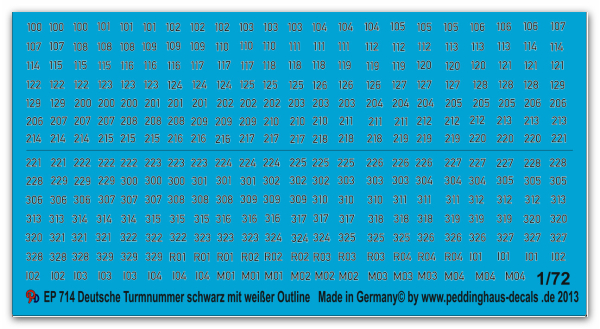 Peddinghaus-Decals 1:72  0714 Deutsche Turmnummern weiss mit schwarzer Outline