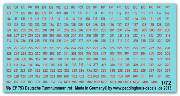 Peddinghaus-Decals 1:72  0753 Turmnummern rot mit weißer Outline