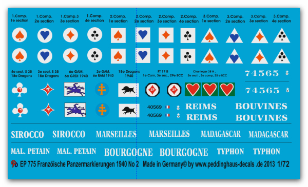 Peddinghaus-Decals 1:72 0775   Französische Kampfpanzer  Reg. Zeichen ua. 1939-40 Teil 2