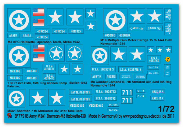 Peddinghaus-Decals 1:72  0779 US Army Markierungen M3- M8 und Sherman M4A1