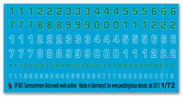 Peddinghaus-Decals 1:72 0801  Deutsche Turmnummern weiss outline- grün-weiss