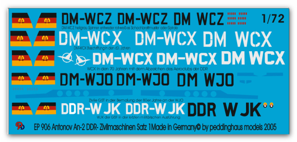 Peddinghaus-Decals 1/72 0906 Antonov An-2 Decalssatz DDR Zivilmaschinen Satz 1 Trompeter Modell