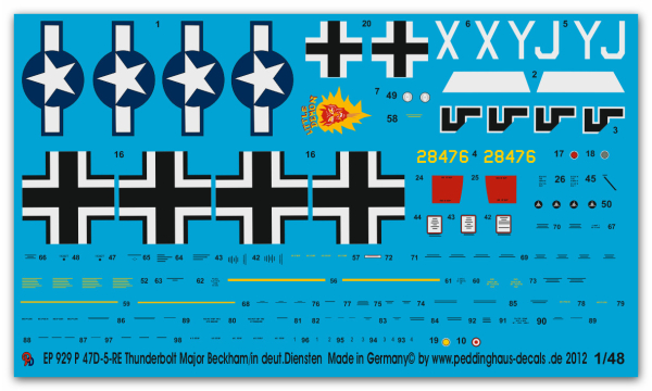 Peddinghaus-Decals 1/48  0929 Thunderbolt  Maj Beckham in dt. Diensten mit beiden Markierungen